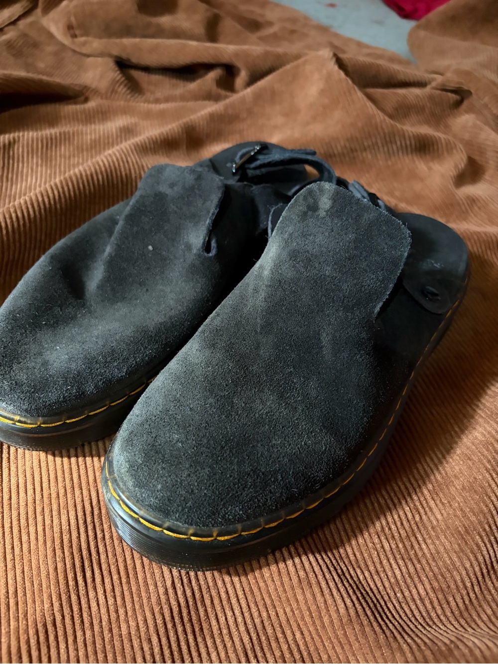 WOMENS 8.5 D.Martens- Black Suede Slip-On Loafers with Contrast Stitching